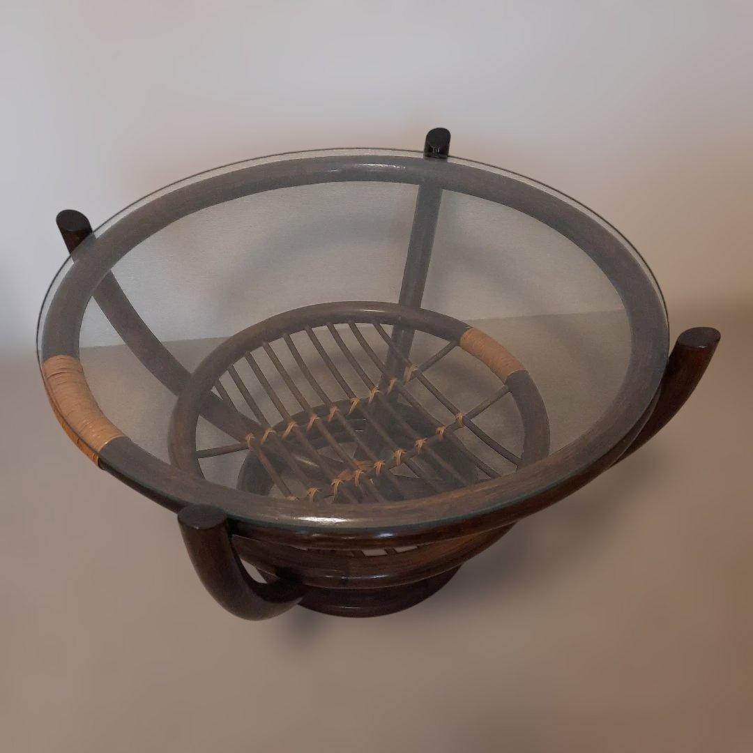 ガラステーブル ラタン 籘 サイドテーブル 円形 ガラス天板