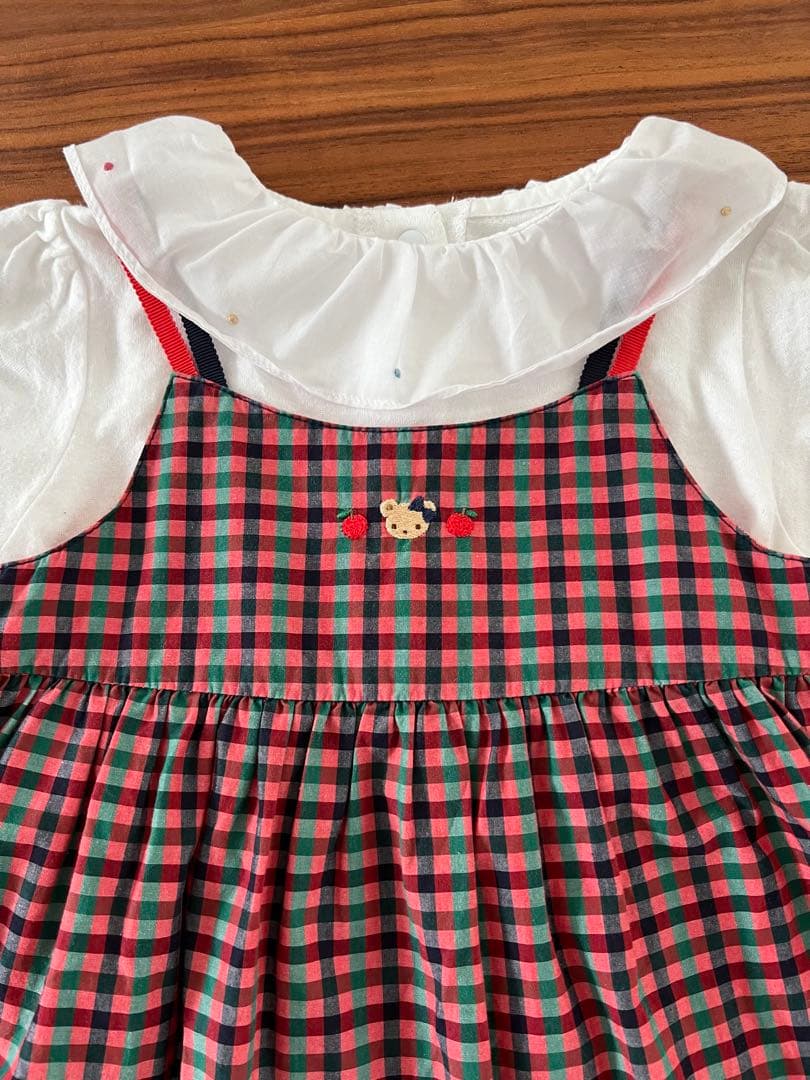 ファミリア 赤系 チェックワンピース ジャンパースカート 80 XX
