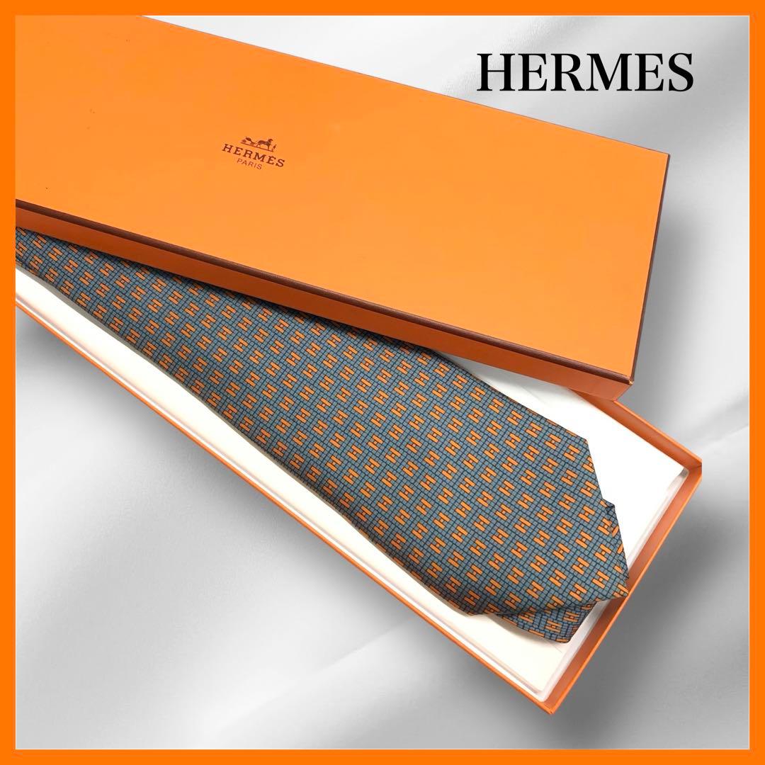 美品✨　HERMES エルメス　ネクタイ　グレー　オレンジ　H柄　シルク　箱付き