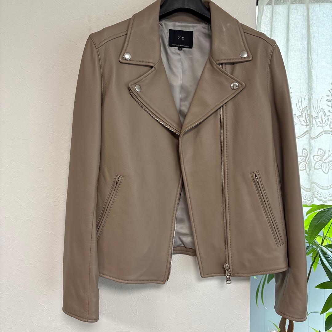23区 ベージュ レザーライダースジャケット36