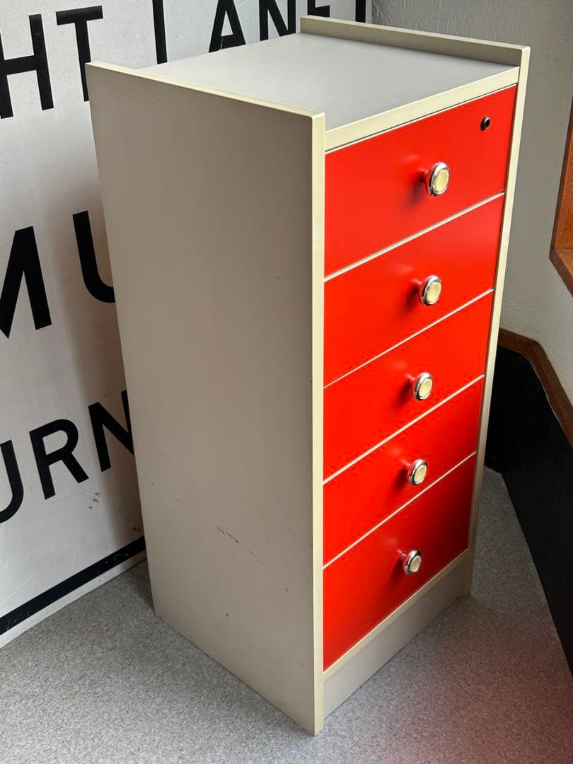 昭和レトロ　当時物　5段チェスト　引き出し　収納　オレンジ　レトロポップ　タンス