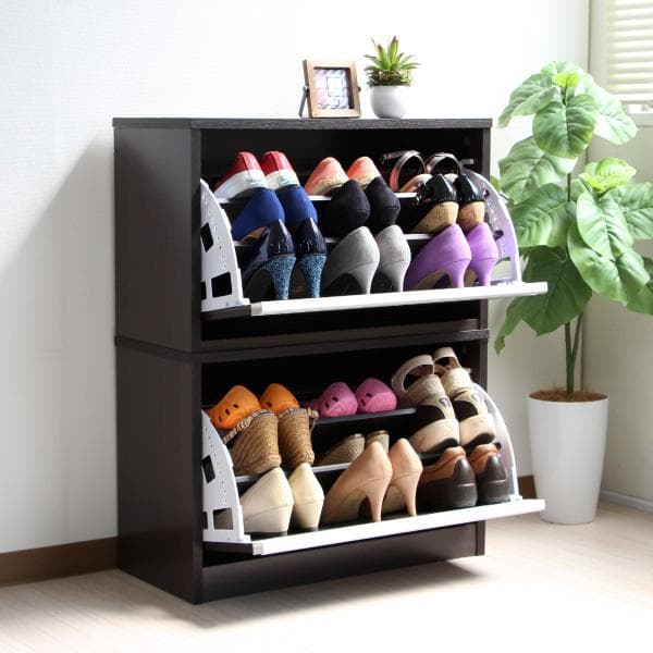 573　省スペースに最大18足薄型シューズラック ダークブラウン