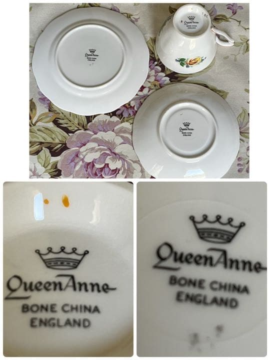 【英国ビンテージ】クィーンアン★黄色のイングリッシュローズ★トリオ（少し貫入）