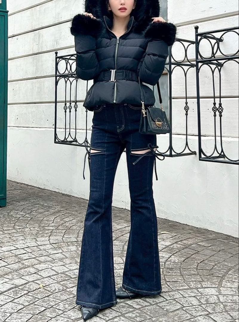 カットアウトリボンデニムパンツ　インディゴブルー