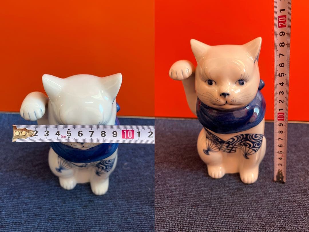 1273  九谷焼　角福　染付扇文　招き猫　時代物