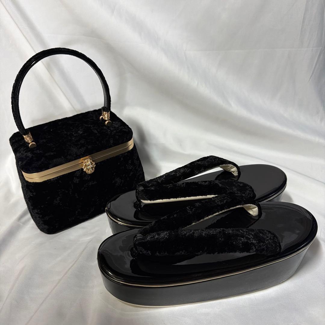 新品　振袖用　ベルベット　2026年新作　草履　バッグ　セット　黒　フリーサイズ