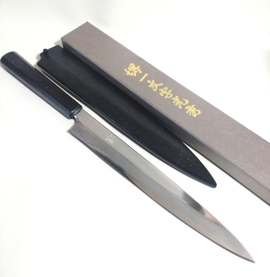 堺一文字光秀 V金10号 鏡面仕上 漆塗り錫ちらし柄 柳刃包丁 鞘付き