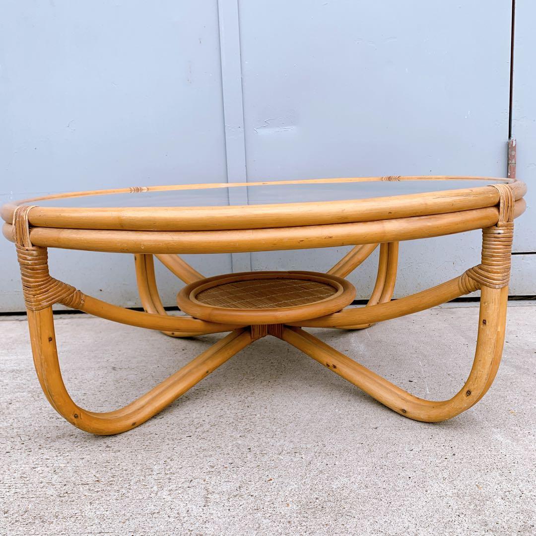 【送料込】アンティーク ラタンガラスローテーブル 藤家具 古民具 昭和レトロ