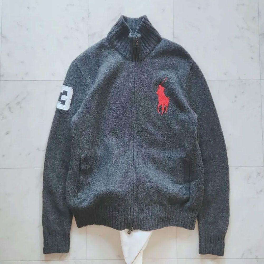 美品 ラルフローレン ニットジャケット ポニー刺繍 グレー ゆったり ウール