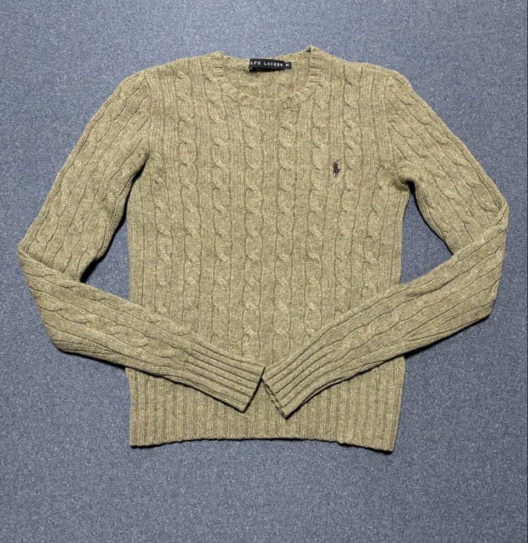 美品 カシミヤ17%ウール83%ラルフローレン ケーブル ニット カーキ