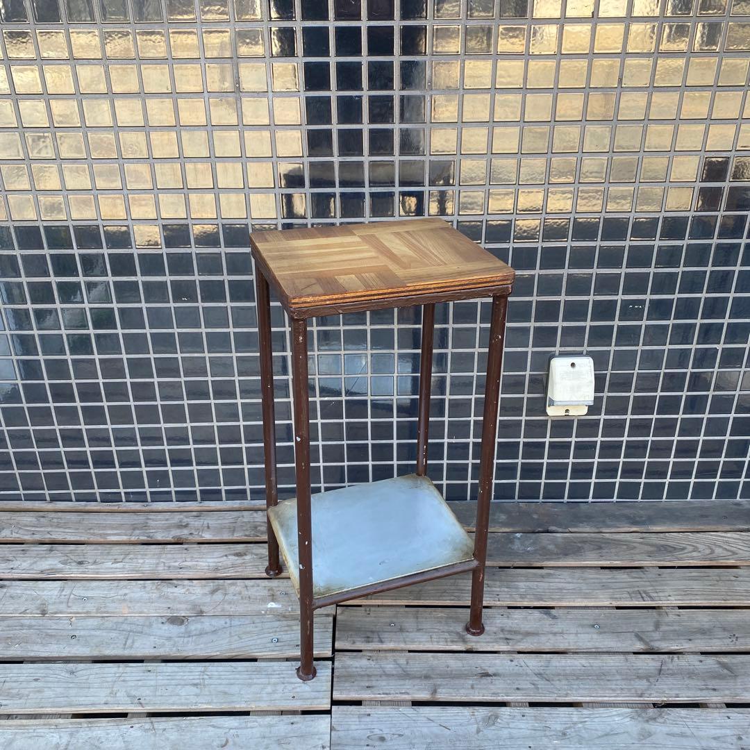 A 昭和レトロ 鉄脚スツール ヴィンテージ 寄木細工 古家具 インダストリアル