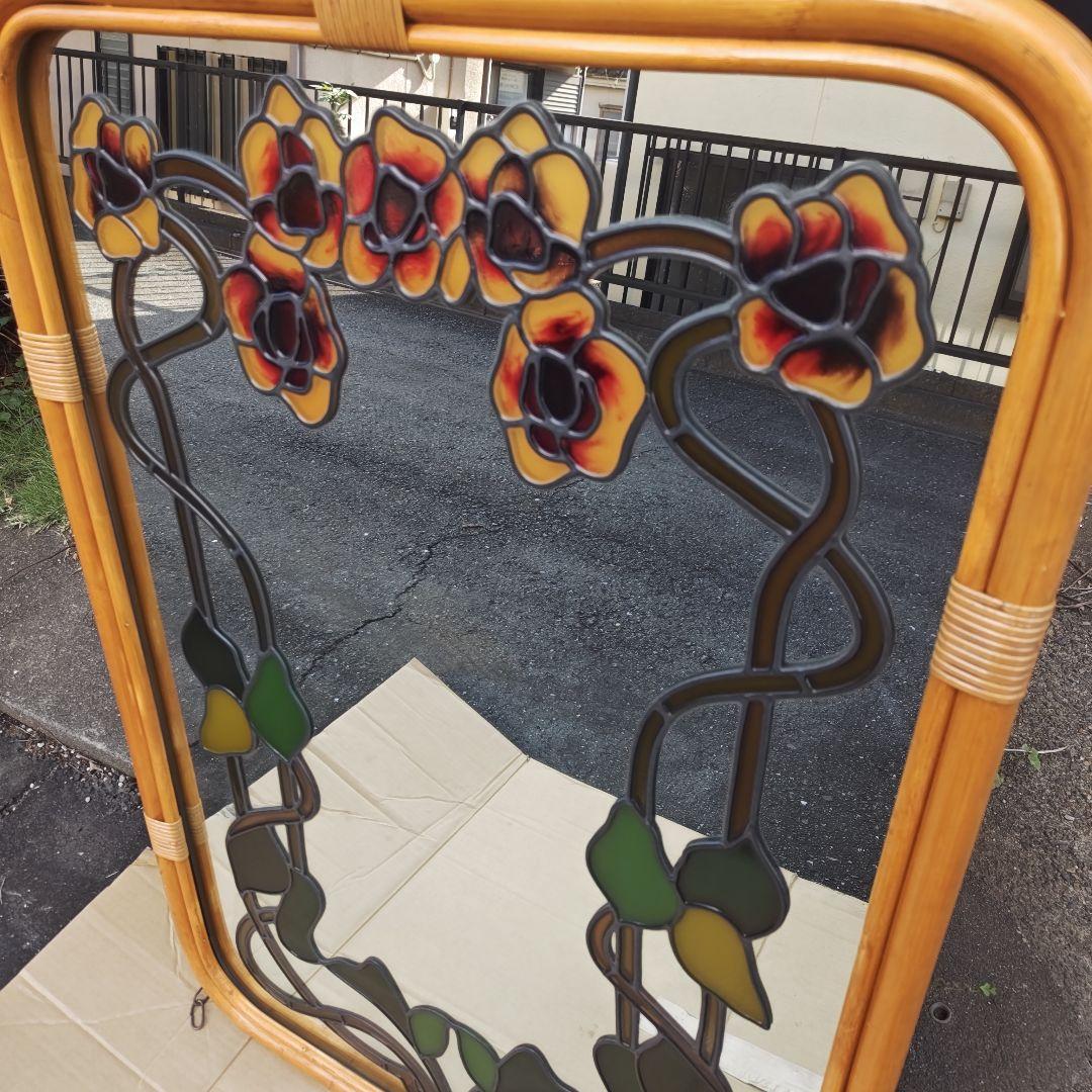 レトロ アールヌーボー様式 ステンドグラス 大型壁掛け鏡 ミラーH96.5㌢