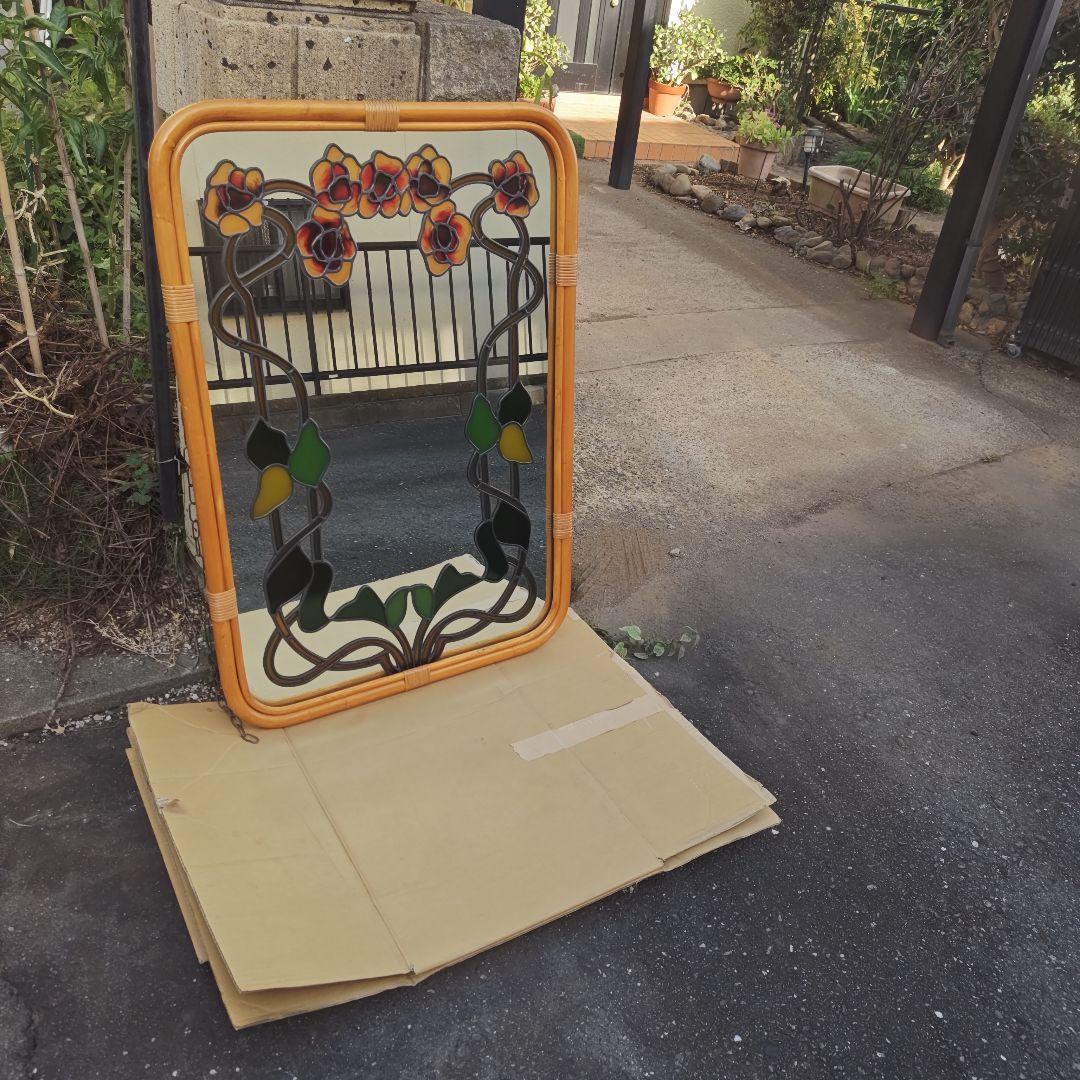 レトロ アールヌーボー様式 ステンドグラス 大型壁掛け鏡 ミラーH96.5㌢
