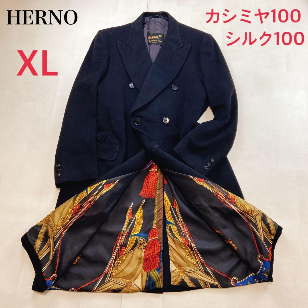 ヘルノ カシミヤ シルク100 ダブルチェスターコート52XL スカーフ柄