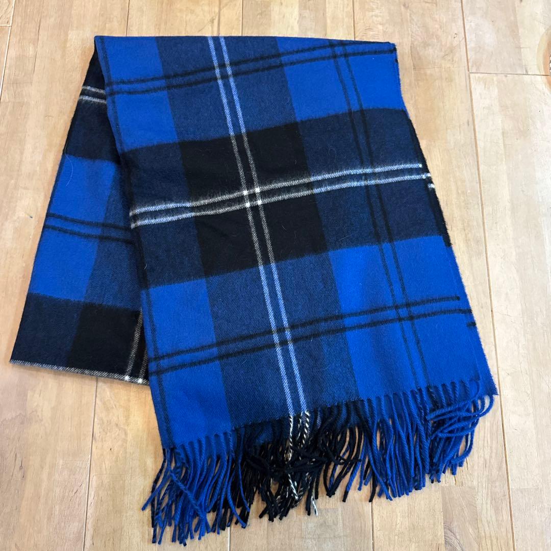 ジョンストンズカシミア大判ストール　ブルー系チェック
