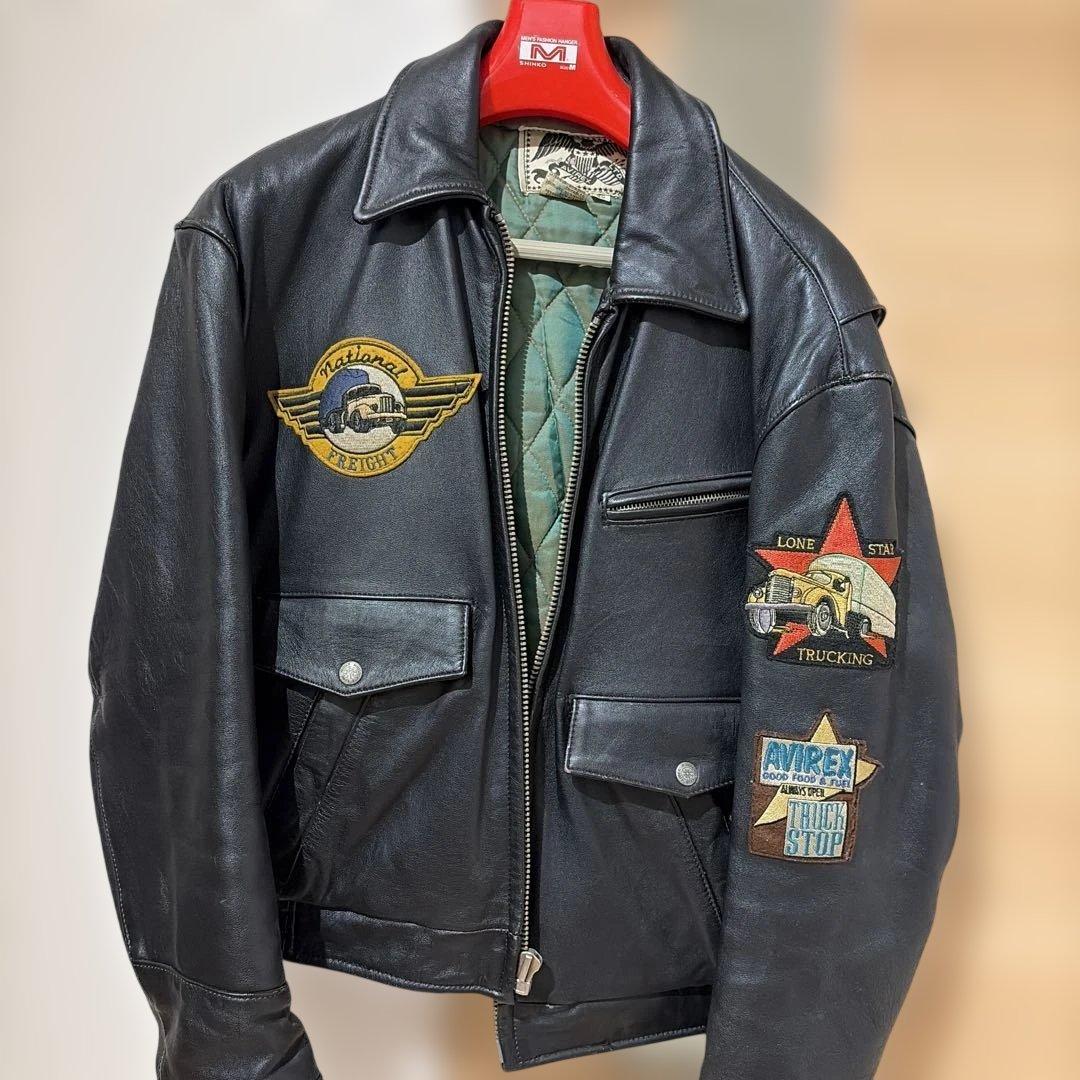 AVIREX レザージャケット ワッペン ブラック 黒 M 裏地キルティング