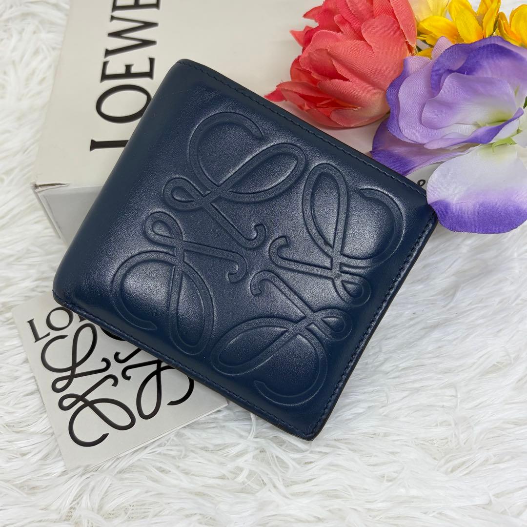 希少/美品✨️ロエベ 二つ折り財布 アナグラム レザー ネイビー ブラック