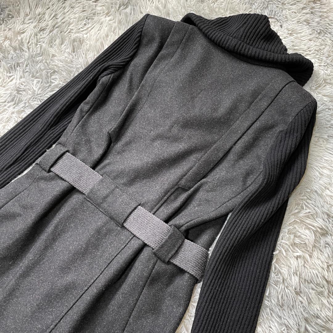 HELMUT LANG 異素材切替 ロングコート ウール混 ダークグレー M