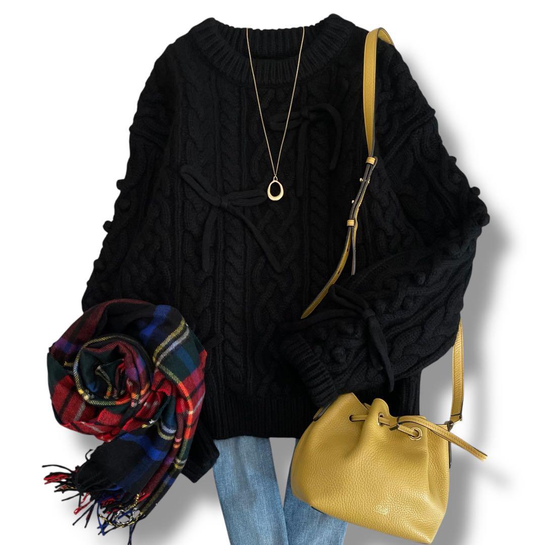 美品✨ ジプソフィア ケーブルニット ウール プルオーバー リボン付 ブラック