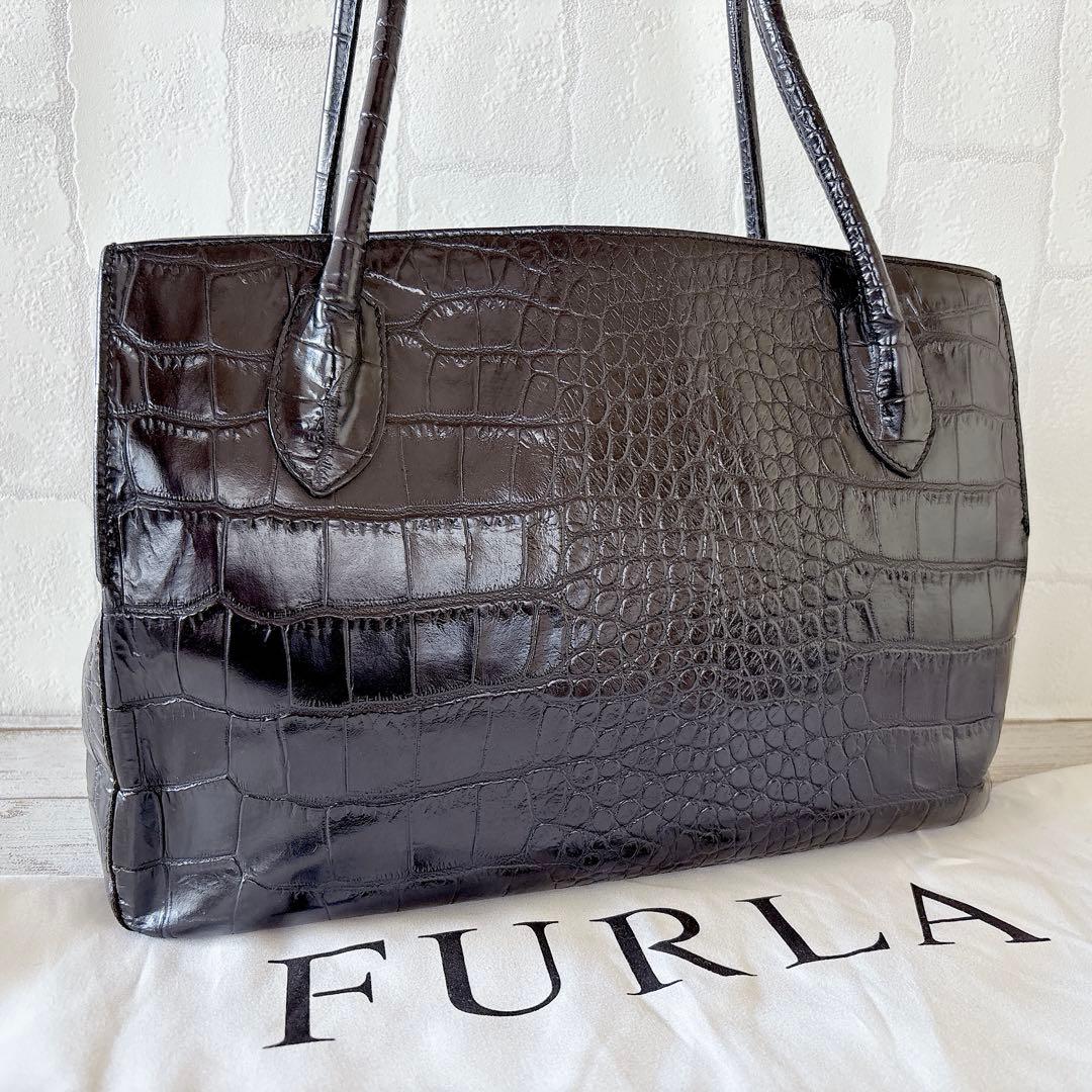 美品✨フルラ FURLA トートバッグ ビジネス 肩掛け クロコ型押し 黒