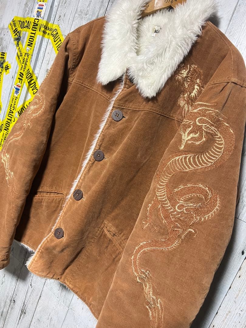 爆限定 絡繰魂 ランチジャケット 切り替え 裏ボア カーコート 龍の刺繍 XL