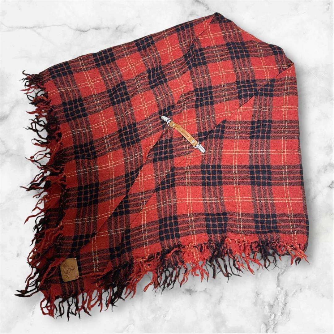 ヴィヴィアンウエストウッド 大判ストール チェック 赤 クリップ 留め具付 牛革