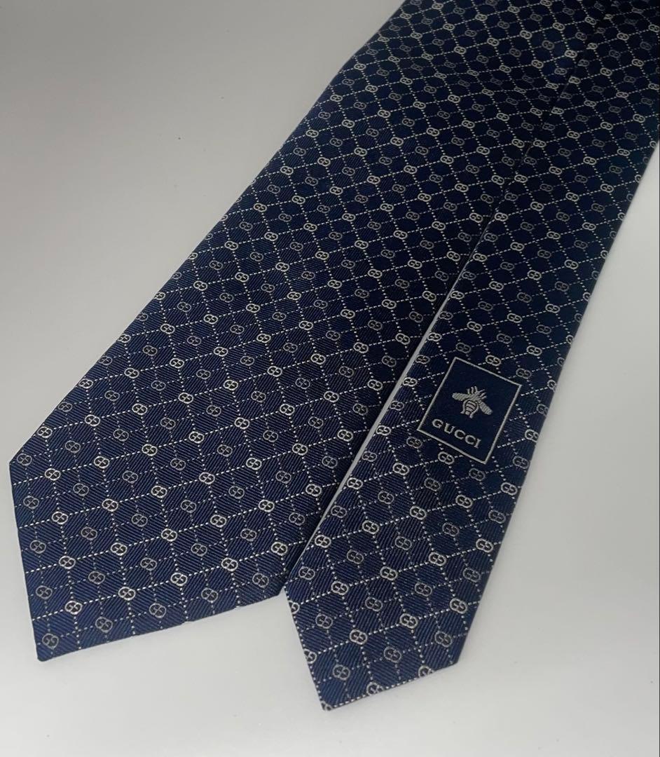 新品 グッチ ネクタイ ハイブランド GG 総柄 ネイビー