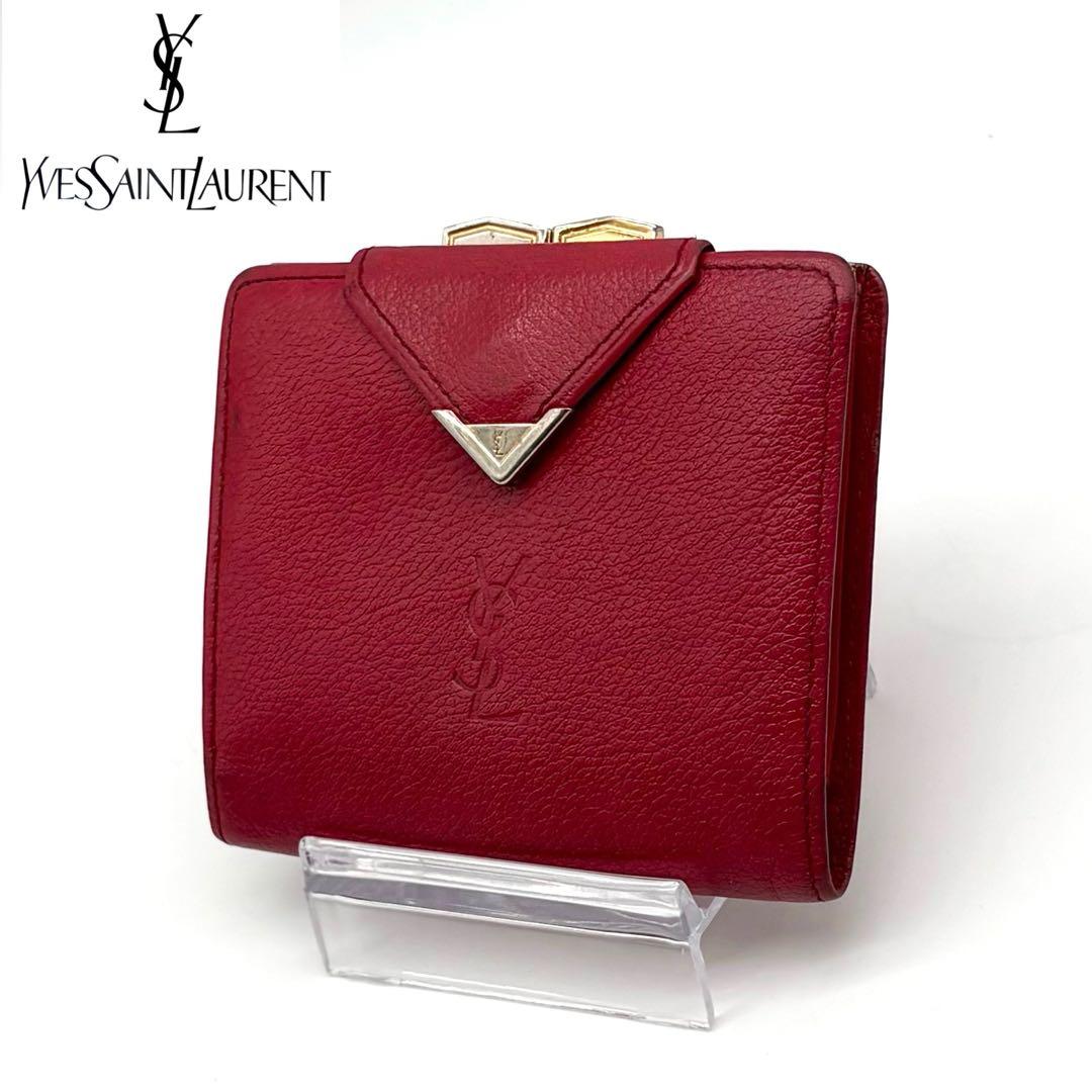 【美品】イヴサンローラン レザー カーフ 二つ折り財布 YSL ボルドー 赤