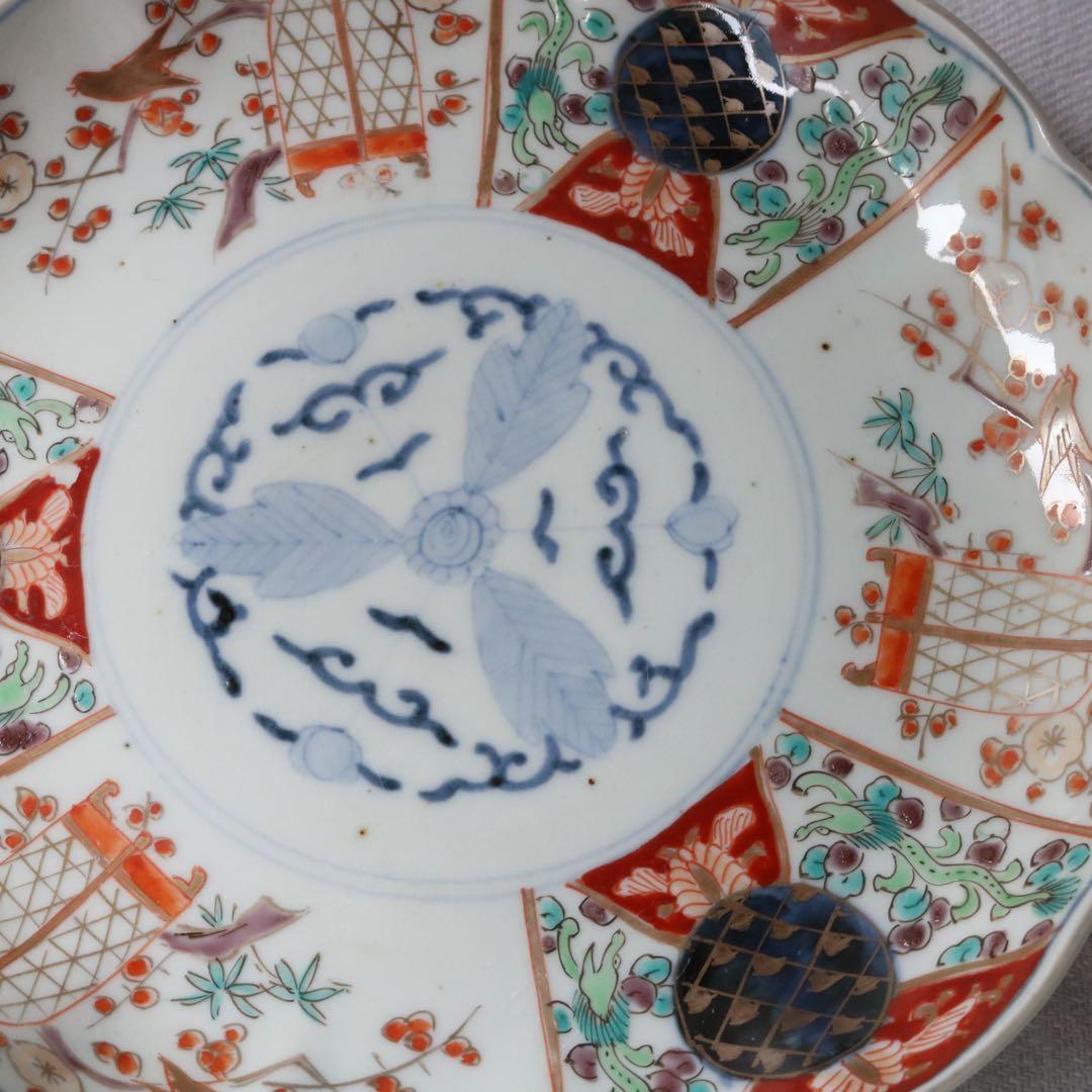 時代色絵伊万里　さわやかな赤絵に梅と鶯鳥籠図七寸皿プレート2枚 骨董古伊万里