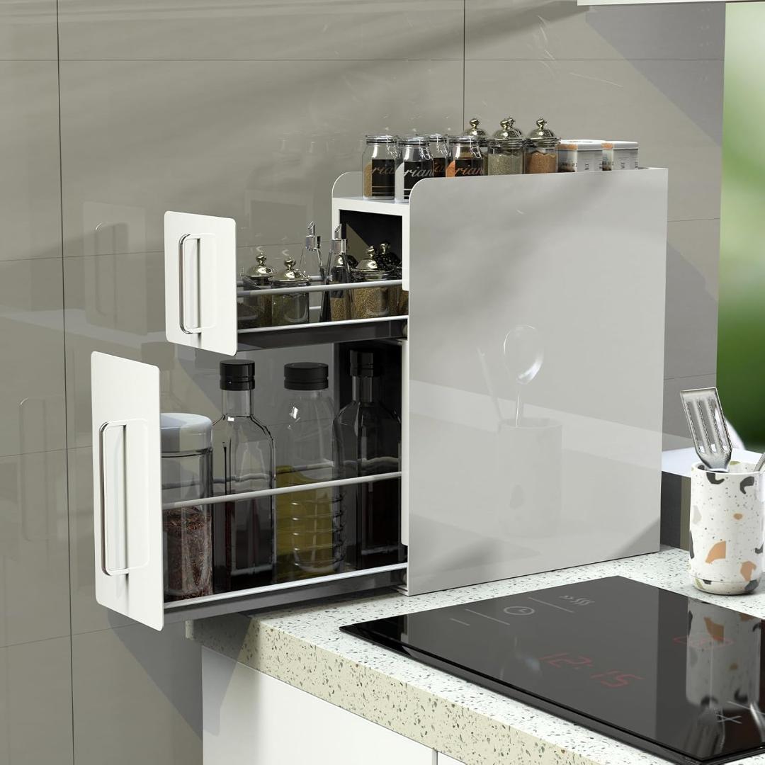 Z020 隠せる調味料ラック 2段 台所用 大容量 引き出し式 皓白色（光沢）