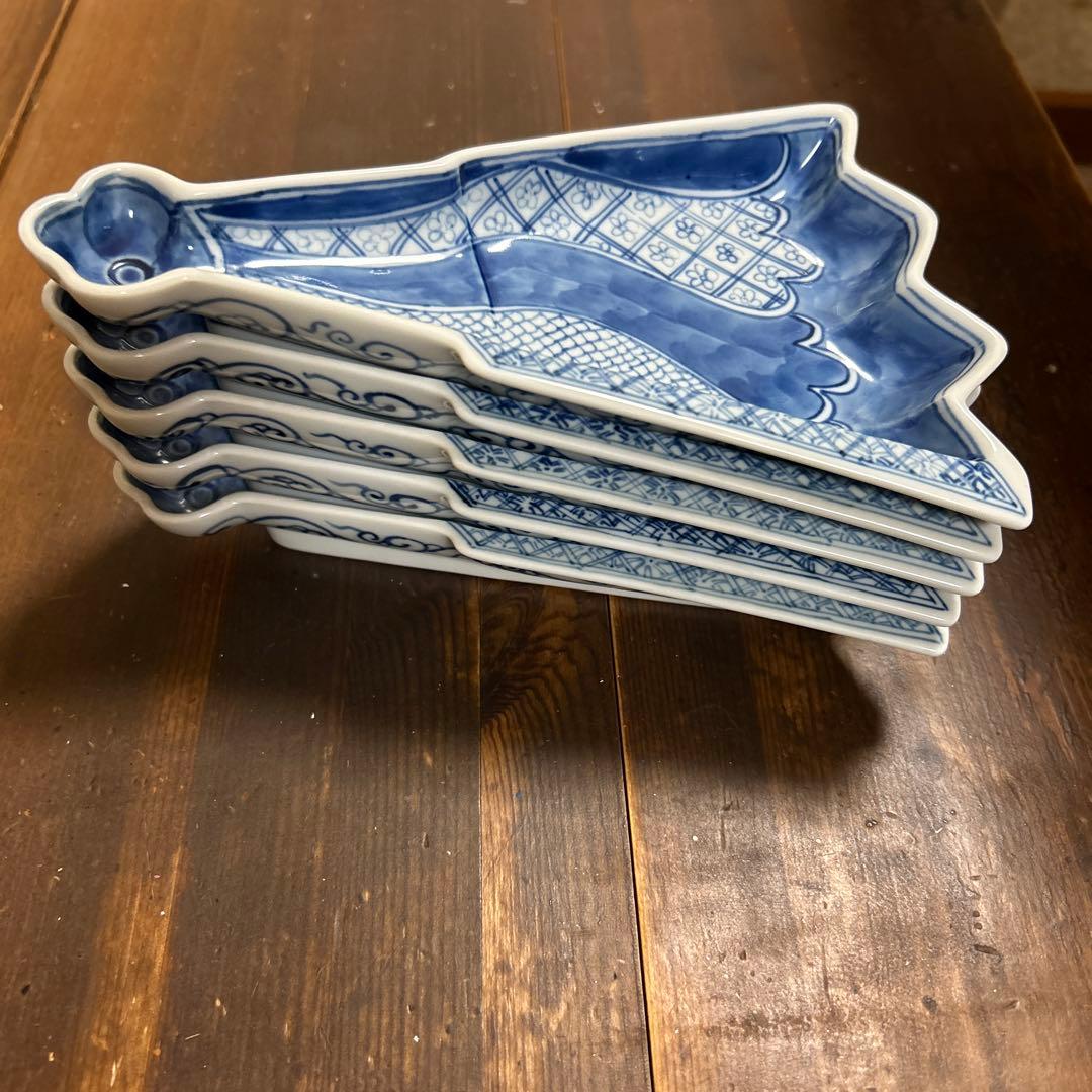 九谷焼　阿古窯　染付　手描き　小扇子　半開扇皿　５枚