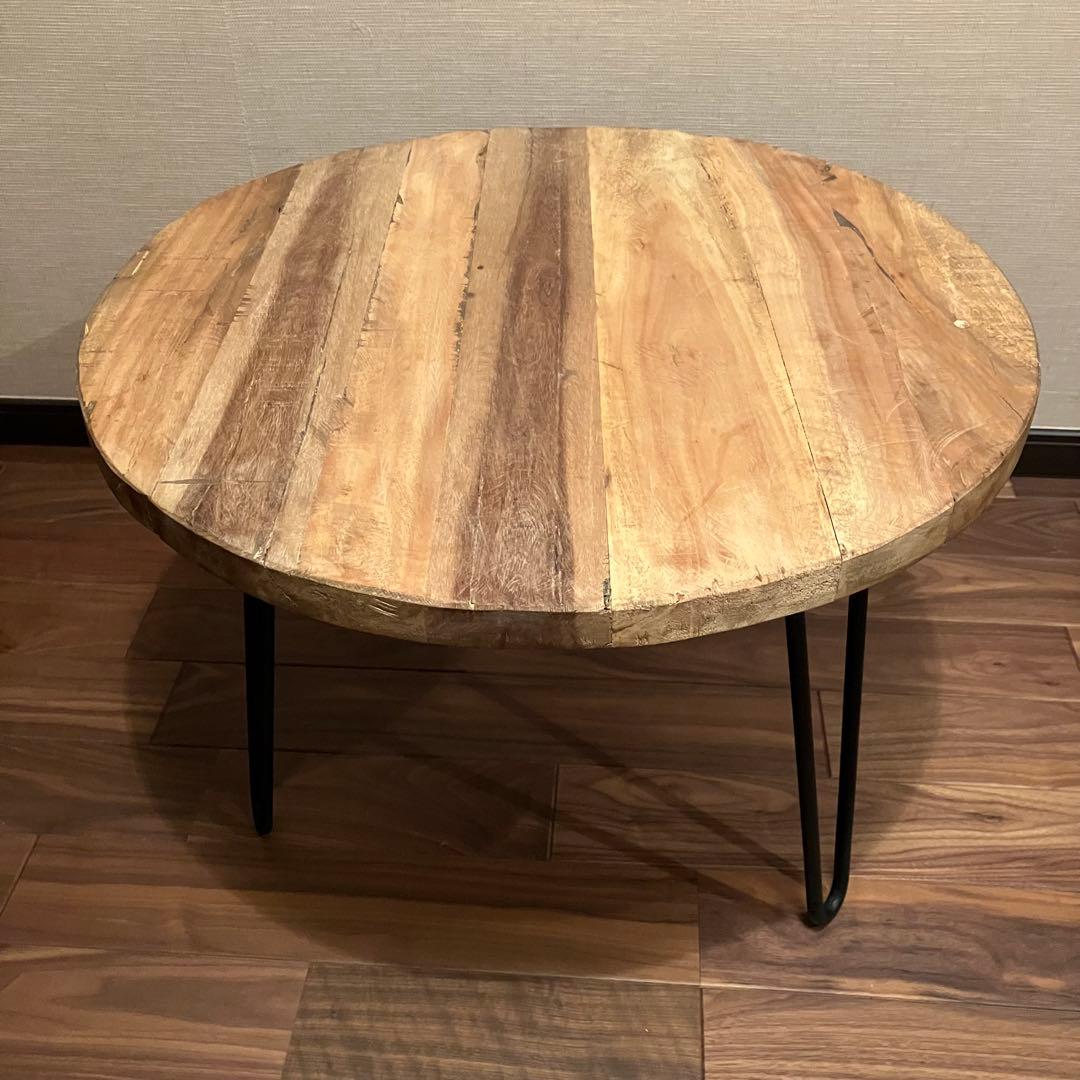 古材とアイアンのコーヒーテーブル ヴィンテージ風サイドテーブル 丸円型60cm