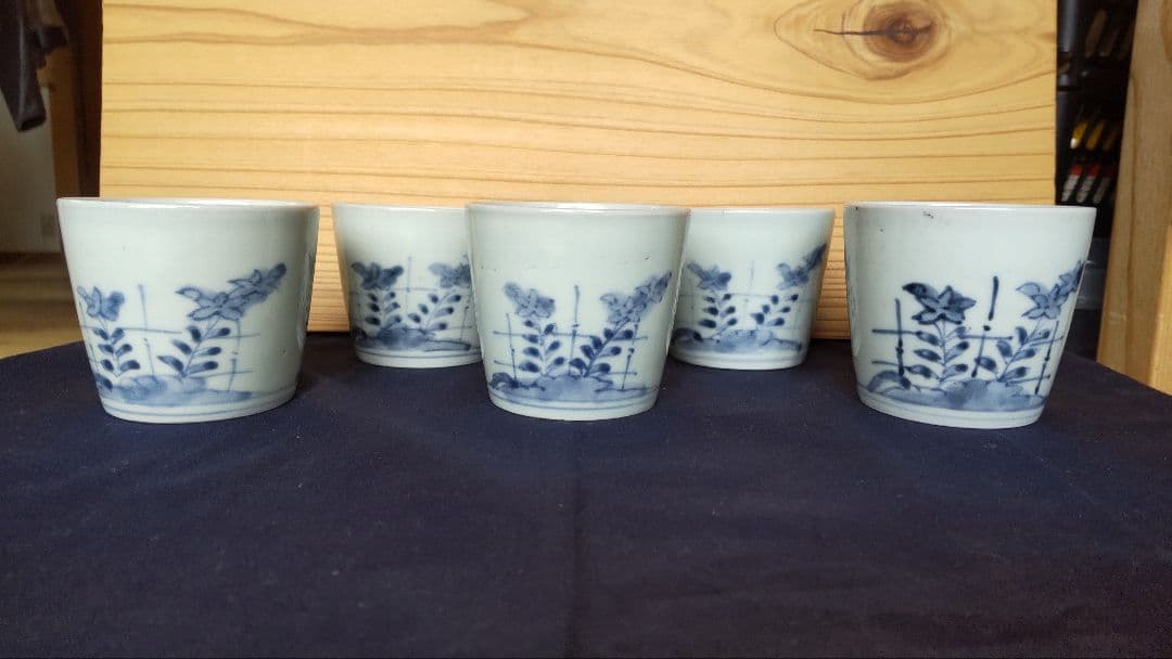 古伊万里 竹垣に桔梗と撫子 蕎麦猪口 五客