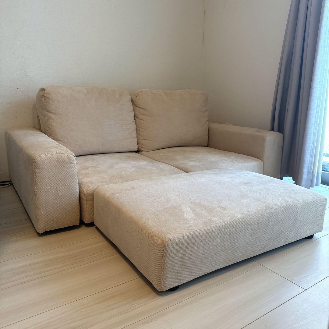 楽天 シンプルモダン ローソファ 二人掛け オットマン付完成品