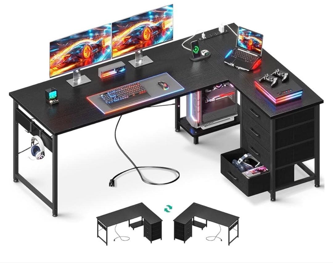 AODK ゲーミングデスク 引き出し4杯付き パソコンデスク 在宅勤務 簡単組立