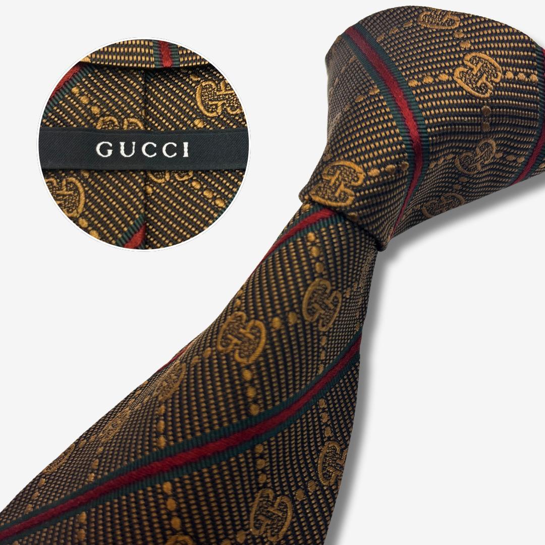 GUCCI シルクネクタイ GGロゴ シェリーライン ストライプ ブラウン