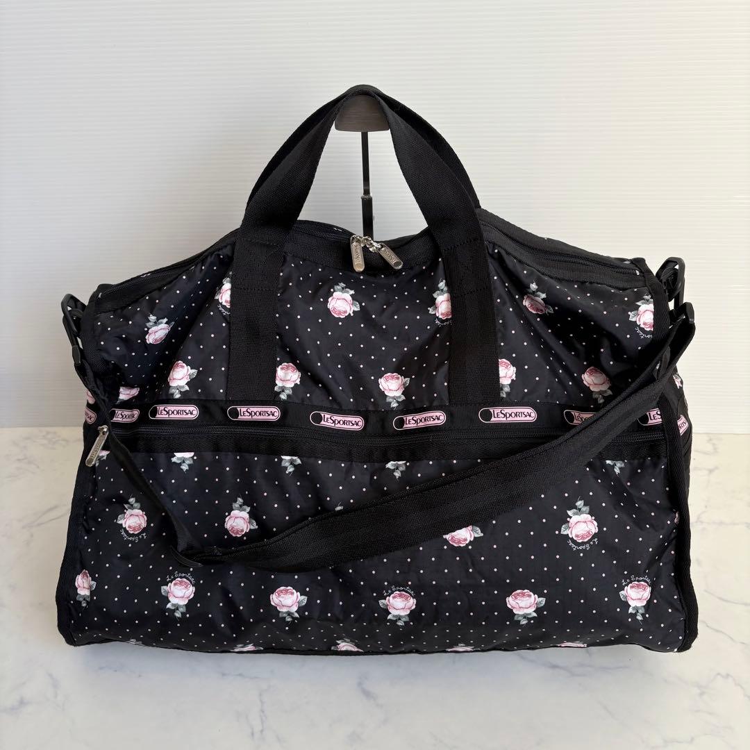 新品 レスポートサック ボストンバッグ ローズ＆ドット柄 黒 ピンク 2way