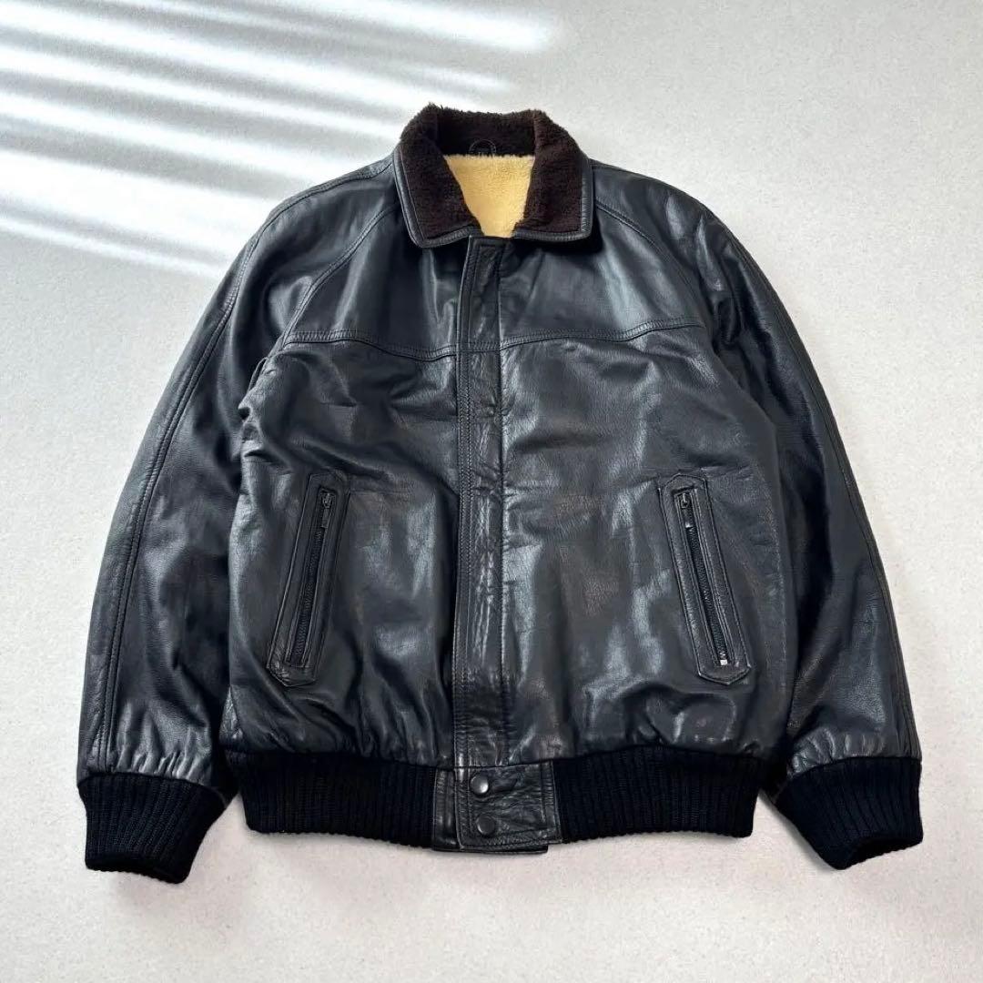 old vintage leather jacket black XL本革 ボア