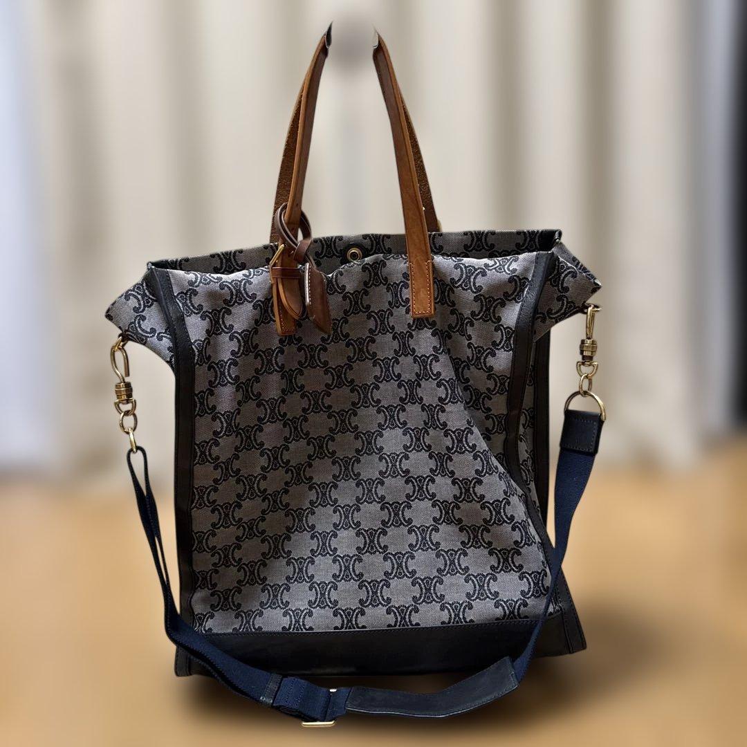 CELINE ロゴ キャンバス トートバック ショルダー付き レザー