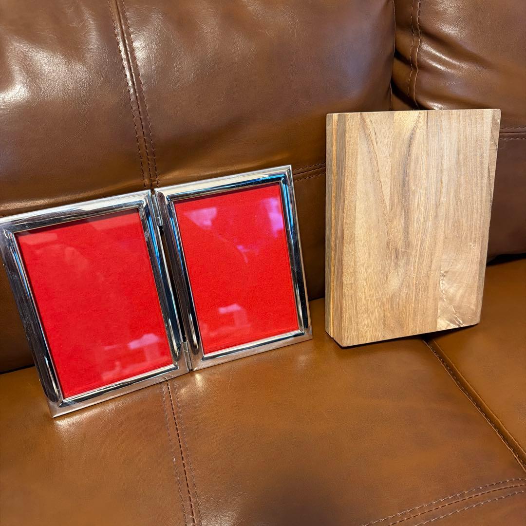 シルバー　二重フォトフレーム　木製、ガラス板　アンティーク