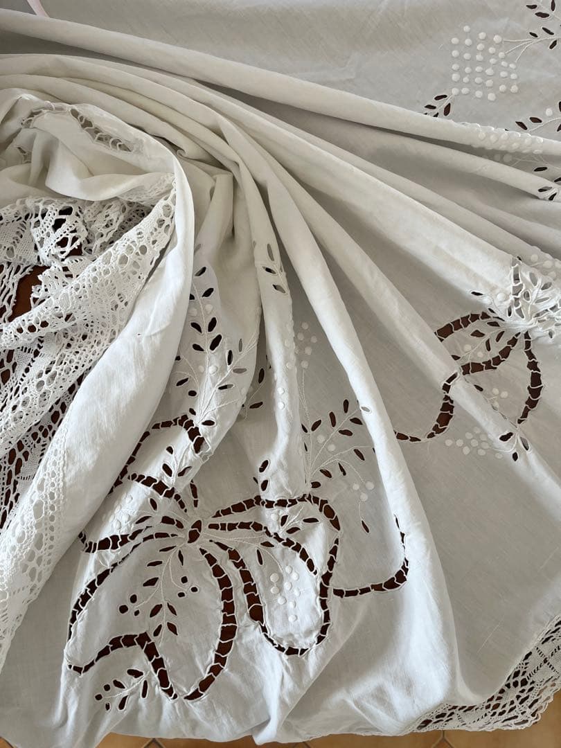 ◆フランスアンティーク｜手刺繍大判マルチクロスベットカバー白カーテンリボンレース