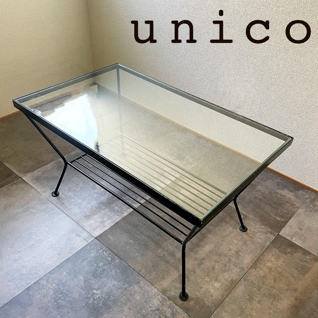 unico “EDDY” ガラス×アイアン ローテーブル 黒 透明 鉄