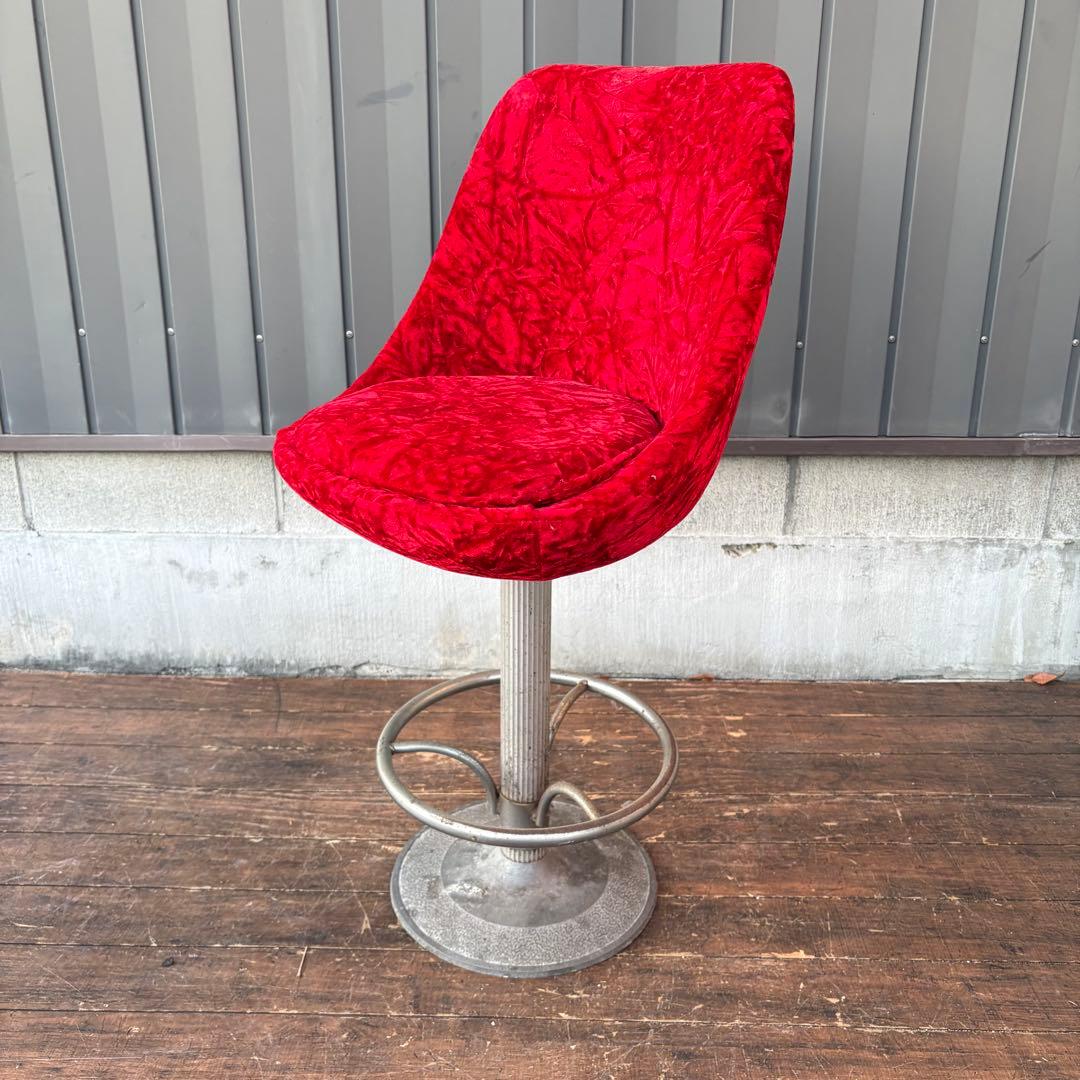 ②昭和レトロ 回転式バーチェア ベロア 赤 ビンテージ スナック椅子 ベルベット