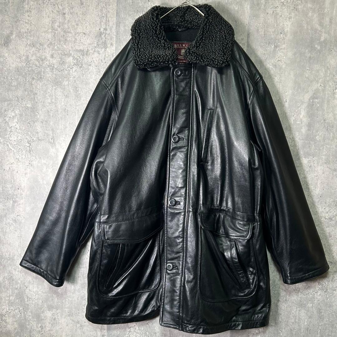 美品 高級 スペインレザー カーコート ボア襟 羊革 黒 光沢 XL