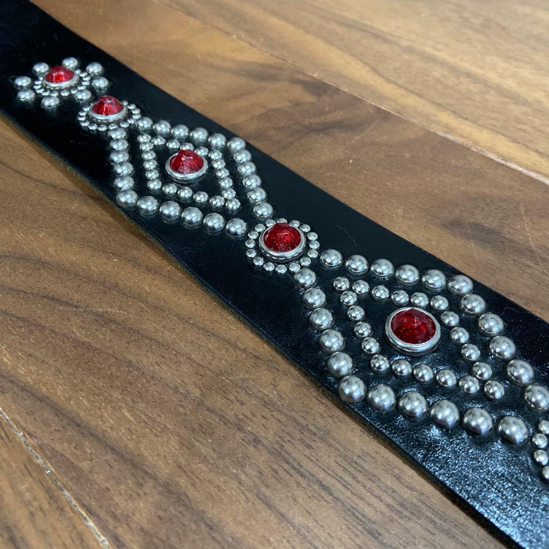 希少美品 TMT スタッズベルト ブラックレザー×レッドストーン HTC