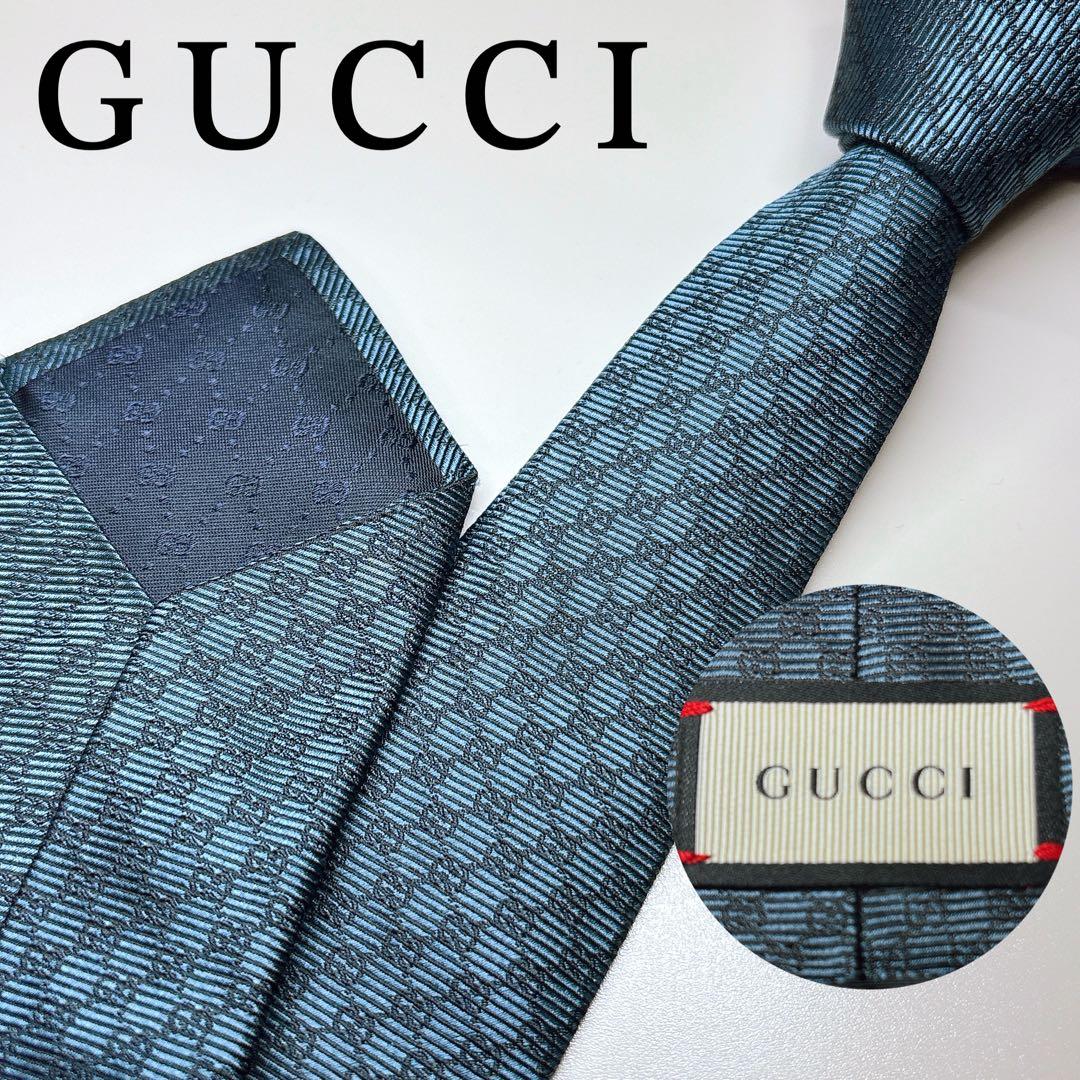 GUCCI グッチ GG柄 総柄 ネクタイ 藍色 7cm シルク 細身