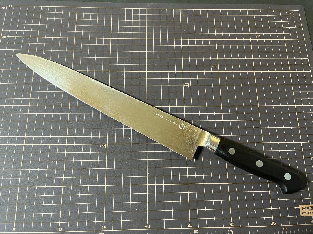 龍泉刃物 梵天雲龍 筋引 包丁 刃渡り27cm V 金10号 ニッケルダマスカス