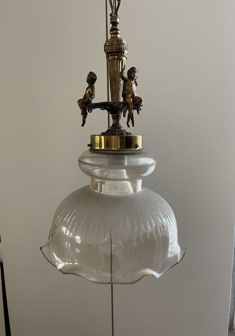 【希少/ヴィンテージ】天使の装飾 ペンダントライト フリルガラス エッチング加工