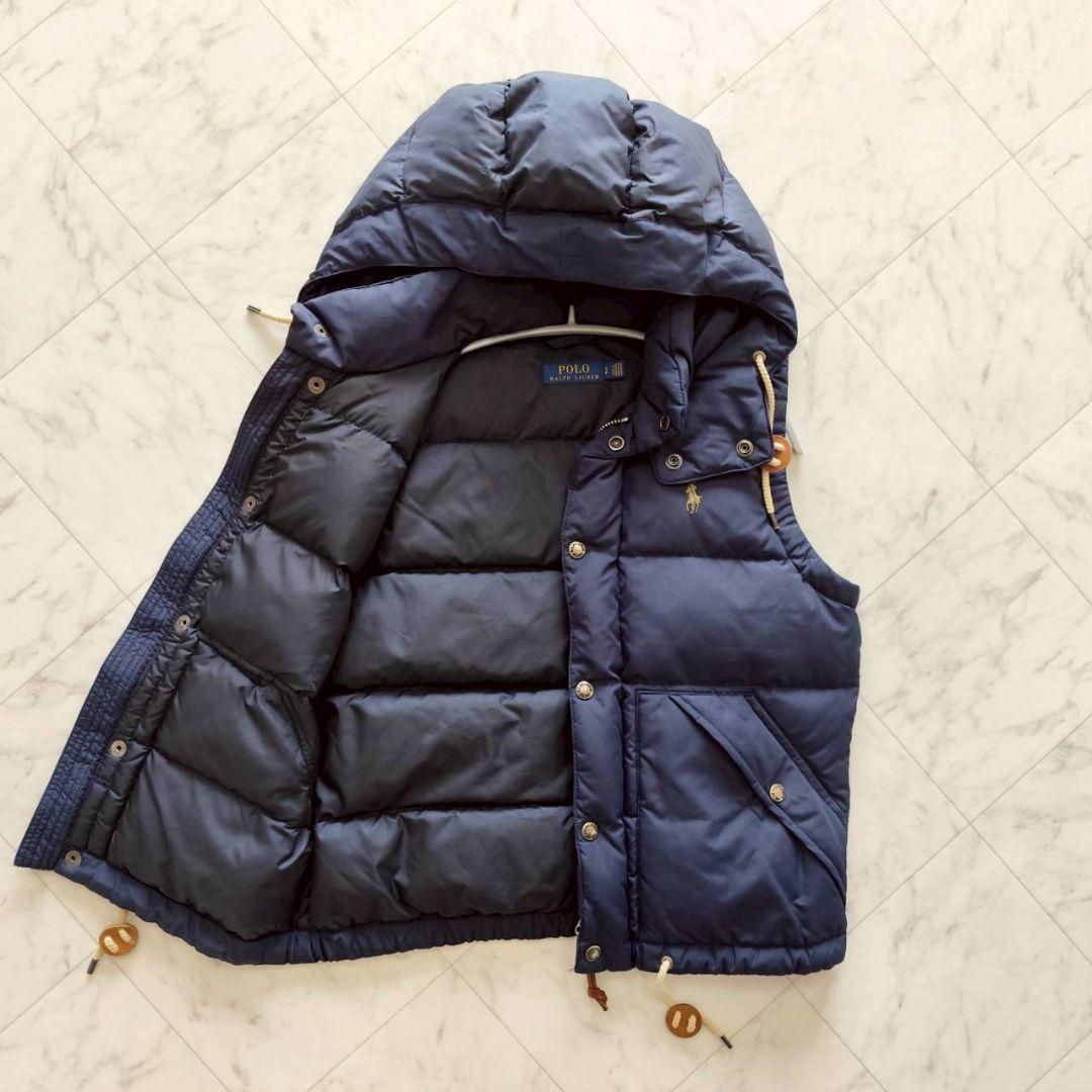 ポロラルフローレン フード レザー ポニー刺繍 ダウンベスト ネイビー