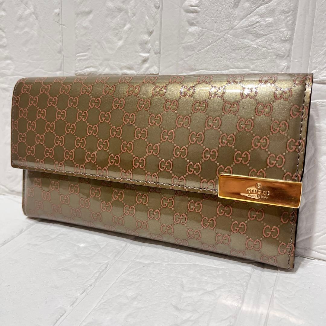美品✨GUCCI レアカラー　マイクロシマ　GG柄 メタリックカーキ　エナメル